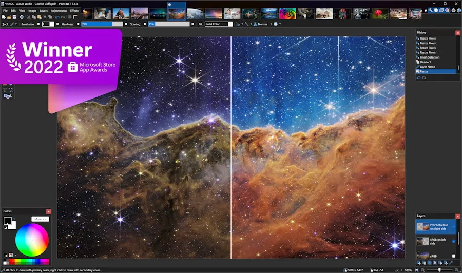 Screenshot der Benutzeroberfläche von Paint.NET mit geöffnetem Bild und Werkzeugleisten