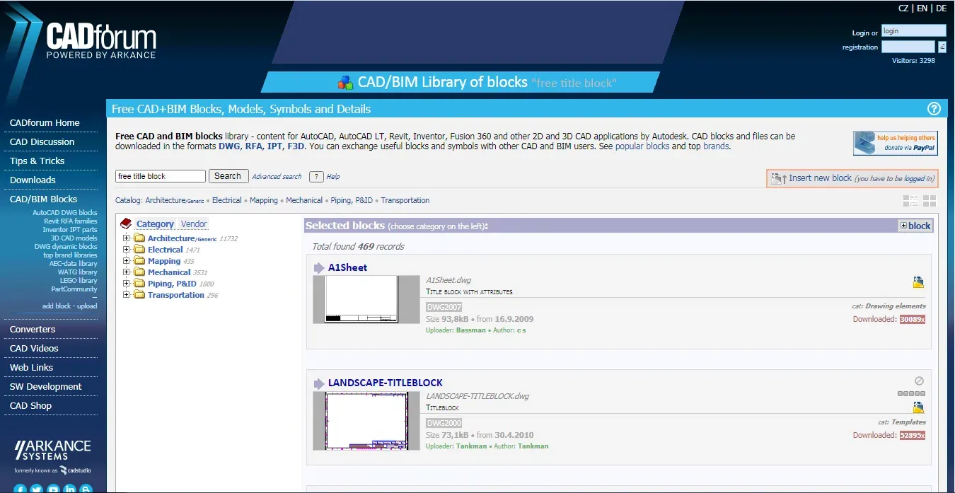 Screenshot der CADforum-Website mit einer Auswahl an kostenlosen CAD-Titelblöcken.