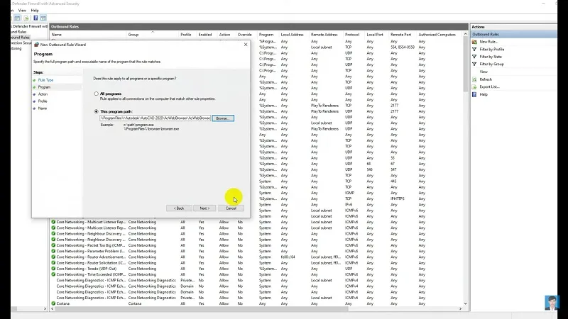 Screenshot der Einrichtung einer ausgehenden Regel für AcWebBrowser in der Firewall