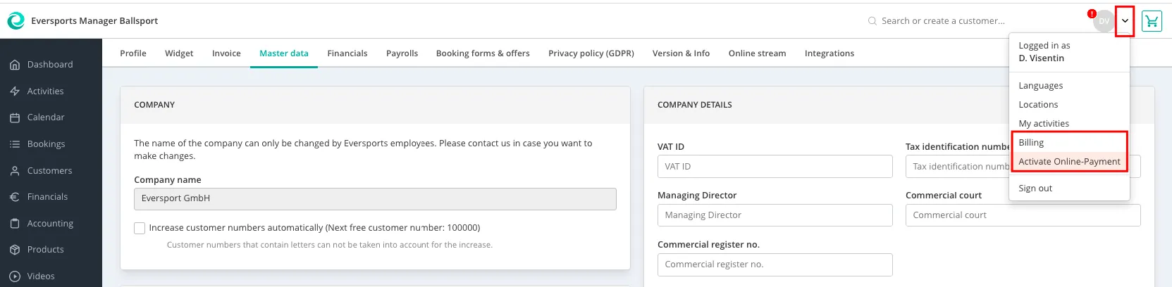 Screenshot der Einstellungen im Profilbereich des Eversports Managers
