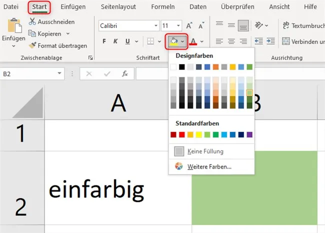 Screenshot der Excel-Oberfläche, der die Schaltfläche "Füllfarbe" in der Registerkarte "Start" zeigt