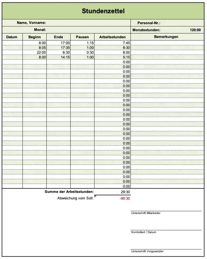 Screenshot der Excel-Vorlage für einen Stundenzettel mit automatischen Berechnungen