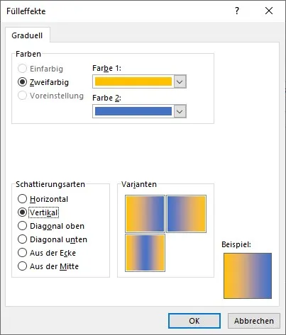 Screenshot der Farbverlaufsoptionen im Dialogfenster "Fülleffekte", zeigt Farbauswahl und Schattierungsarten