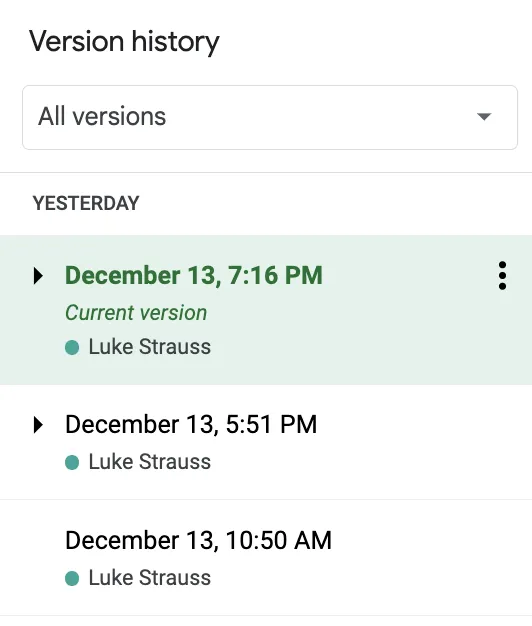 Screenshot der Google Tabellen-Versionshistorie