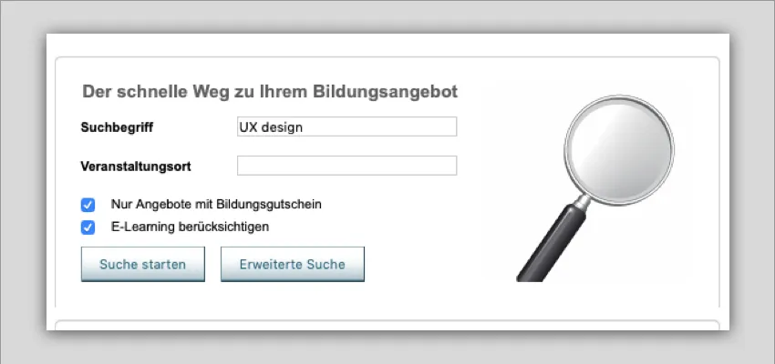 Screenshot der Kursnet-Webseite zur Suche nach Bildungsgutschein-Kursen