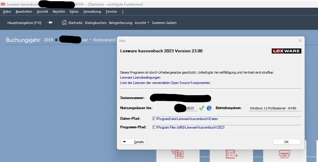 Screenshot der Lexware Kassenbuch Oberfläche, der eine erfolgreich übertragene Buchungsübersicht anzeigt