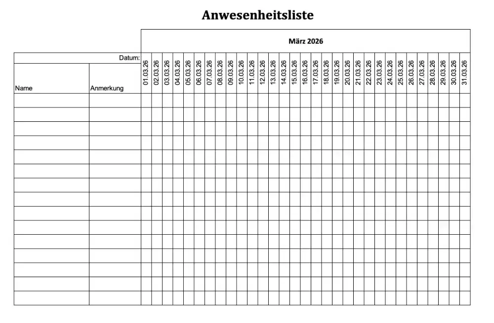 Screenshot der monatlichen Anwesenheitsliste in Excel am Beispiel März 2026