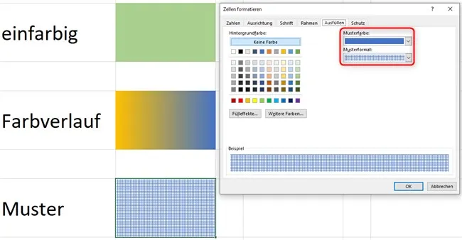 Screenshot der Musteroptionen im Dialogfenster "Zellen formatieren", zeigt Musterauswahl und Musterfarben