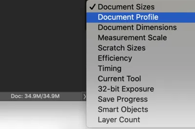 Screenshot der Photoshop-Oberfläche, der die Änderung der Anzeige von Dokumentgröße zu Dokumentprofil zeigt