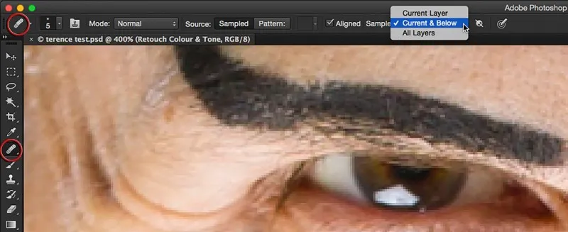 Screenshot der Photoshop-Oberfläche, der die Einstellungen des Reparatur-Pinsels mit "Aufnahme: Aktuelle & Darunter" zeigt