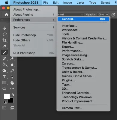 Screenshot der Photoshop-Voreinstellungen, Sektion 'Allgemein'