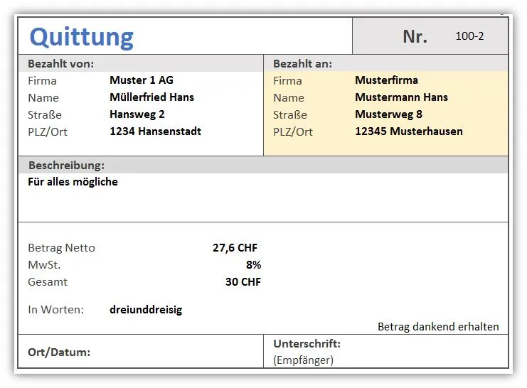 Screenshot der Quittungsvorlage in Excel