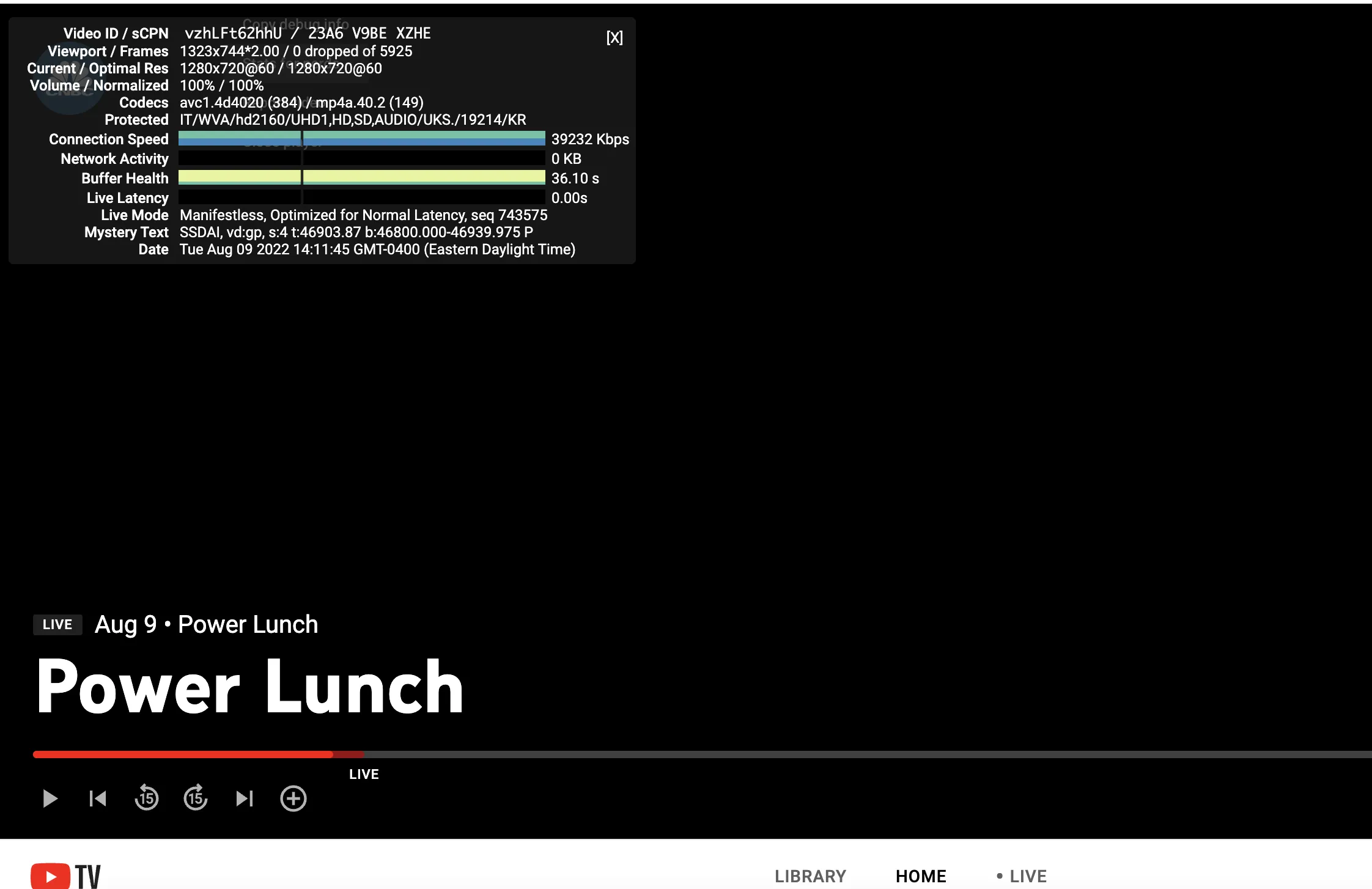 Screenshot der YouTube TV Nerd-Statistiken in Chrome