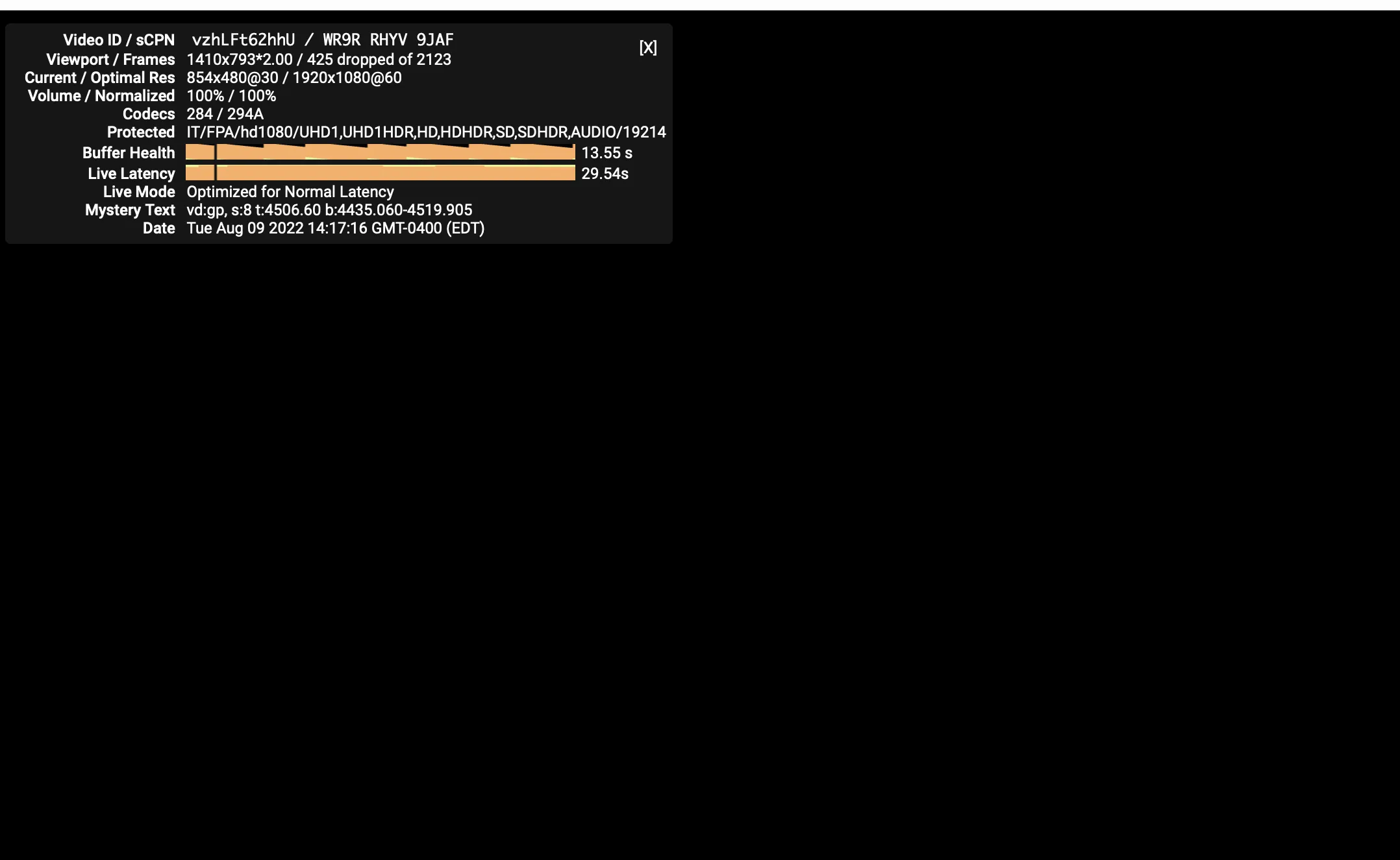 Screenshot der YouTube TV Nerd-Statistiken in Safari