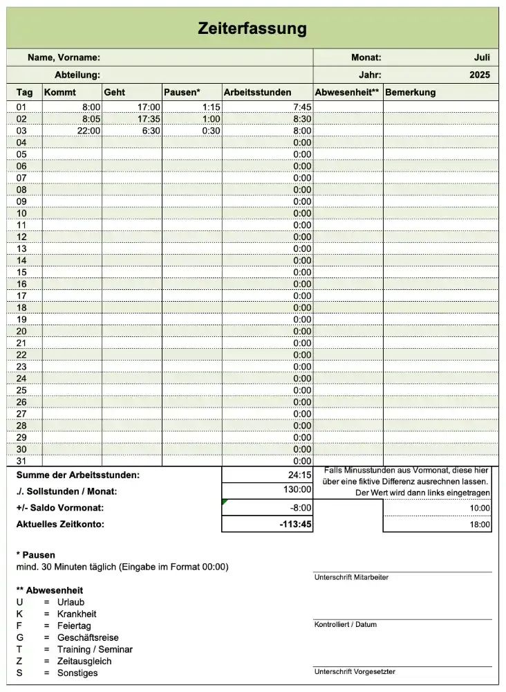 Screenshot der Zeiterfassung in Excel