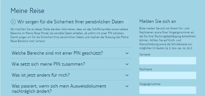 Screenshot des Anmeldebereichs für das Meine Reise Portal von TUI Cruises