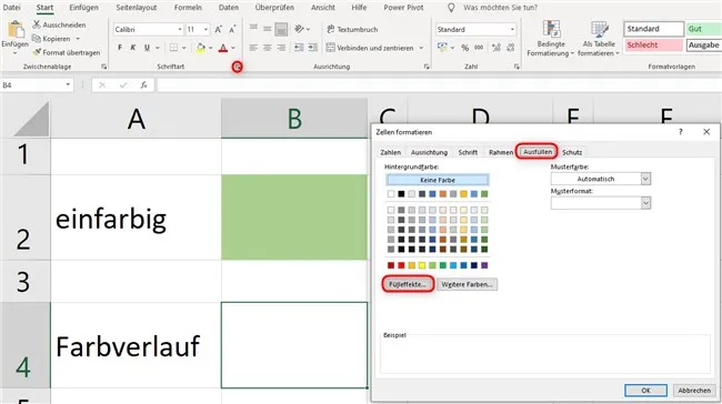 Screenshot des Dialogfensters "Zellen formatieren" im Register "Ausfüllen" mit der Schaltfläche "Fülleffekte"