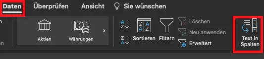 Screenshot des Excel-Dialogfelds zur Konvertierung von Text in Spalten, Schritt 2