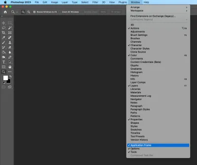 Screenshot des Fenstermenüs von Photoshop auf dem Mac, wobei 'Anwendungsrahmen' ausgewählt ist