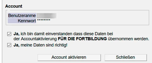 Screenshot des Formulars zur "Account aktivieren" für Fortbildungen, inklusive der notwendigen Häkchen für die Datenübernahme und Richtigkeit der Angaben