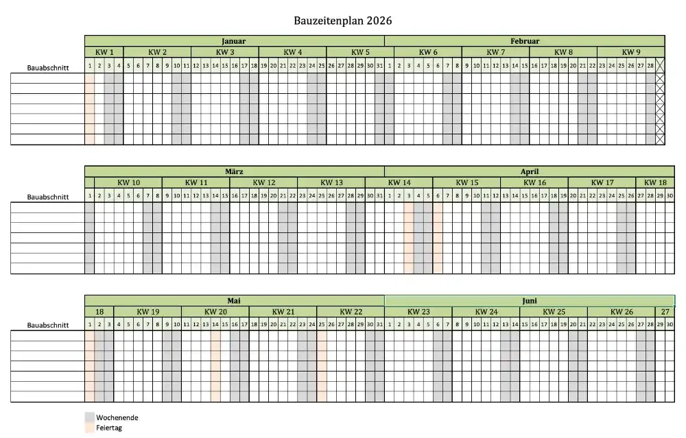 Screenshot des kleinen Bauzeitenplans als Excel-Vorlage für 2026 mit Kalenderwochen
