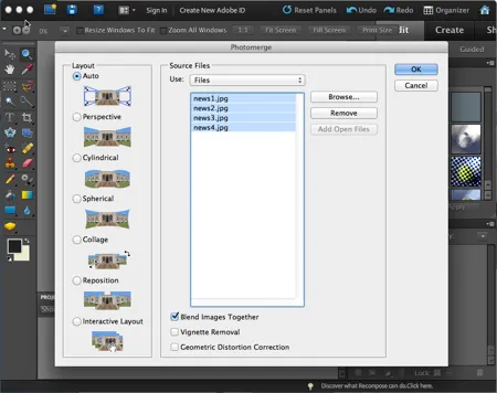 Screenshot des Photomerge Panorama-Dialogfelds in Adobe Photoshop Elements, zeigt die Option "Automatisch"