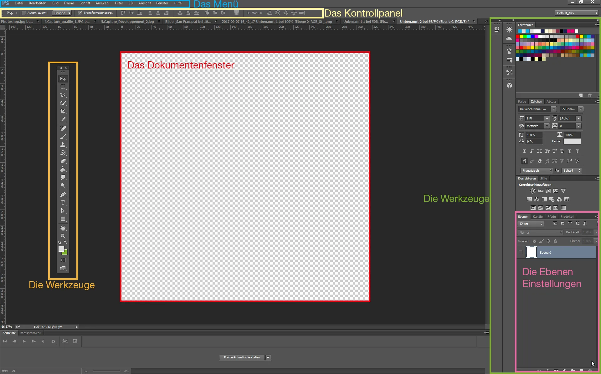 Screenshot des Photoshop-Arbeitsbereichs mit Beschriftungen