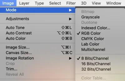 Screenshot des Photoshop-Bildmenüs mit ausgewählten 'Modus' und '8 Bits/Kanal'