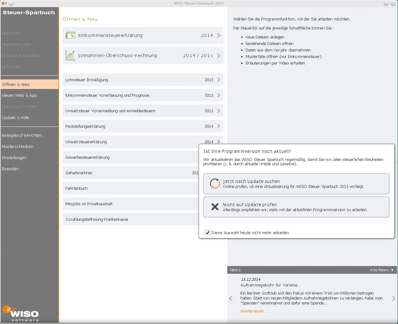 Screenshot des WISO Steuer-Sparbuch 2015 unter Linux mit Wine