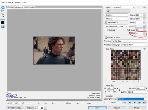 Screenshot: Dialogfeld 'Für Web und Geräte speichern' in Photoshop mit GIF-Einstellungen.