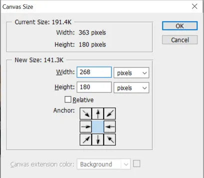 Screenshot: Dialogfeld 'Leinwandgröße' in Photoshop zum finalen Zuschnitt.