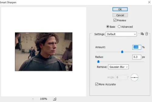 Screenshot: Dialogfeld 'Selektiver Scharfzeichner' in Photoshop mit empfohlenen Einstellungen.