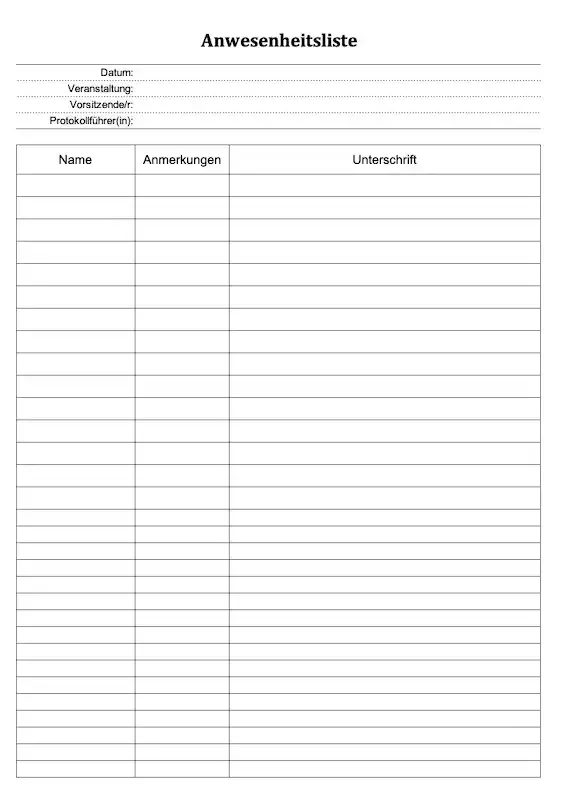 Screenshot einer allgemeinen, datumsunabhängigen Anwesenheitsliste