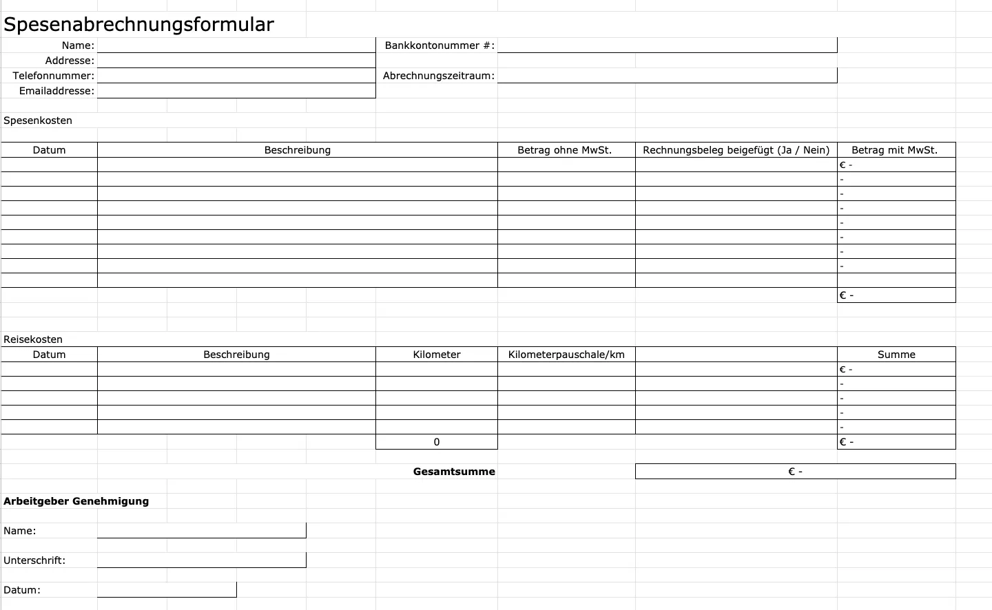 Screenshot einer Excel-Tabelle für die Spesenabrechnung mit Feldern für Datum, Beschreibung, Betrag und MwSt.