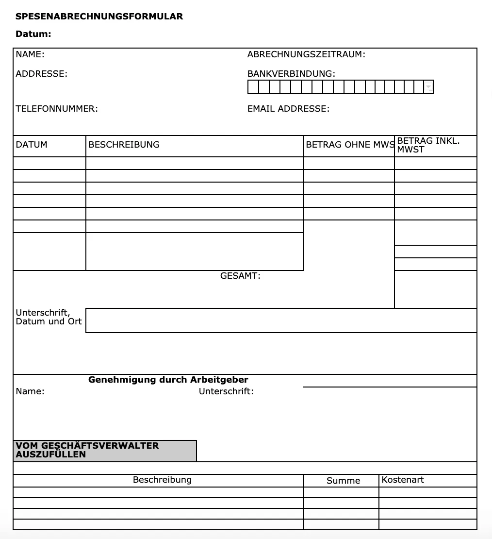 Screenshot einer Word-Vorlage für die Spesenabrechnung mit Feldern für Belegdetails und Kosten