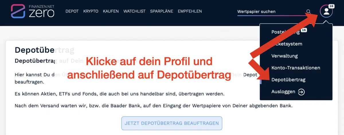 Screenshot: So finden Sie den Depotübertrag bei Finanzen.net ZERO in Ihrem Profil
