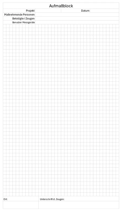 Screenshot vom Aufmaßblock mit Excel