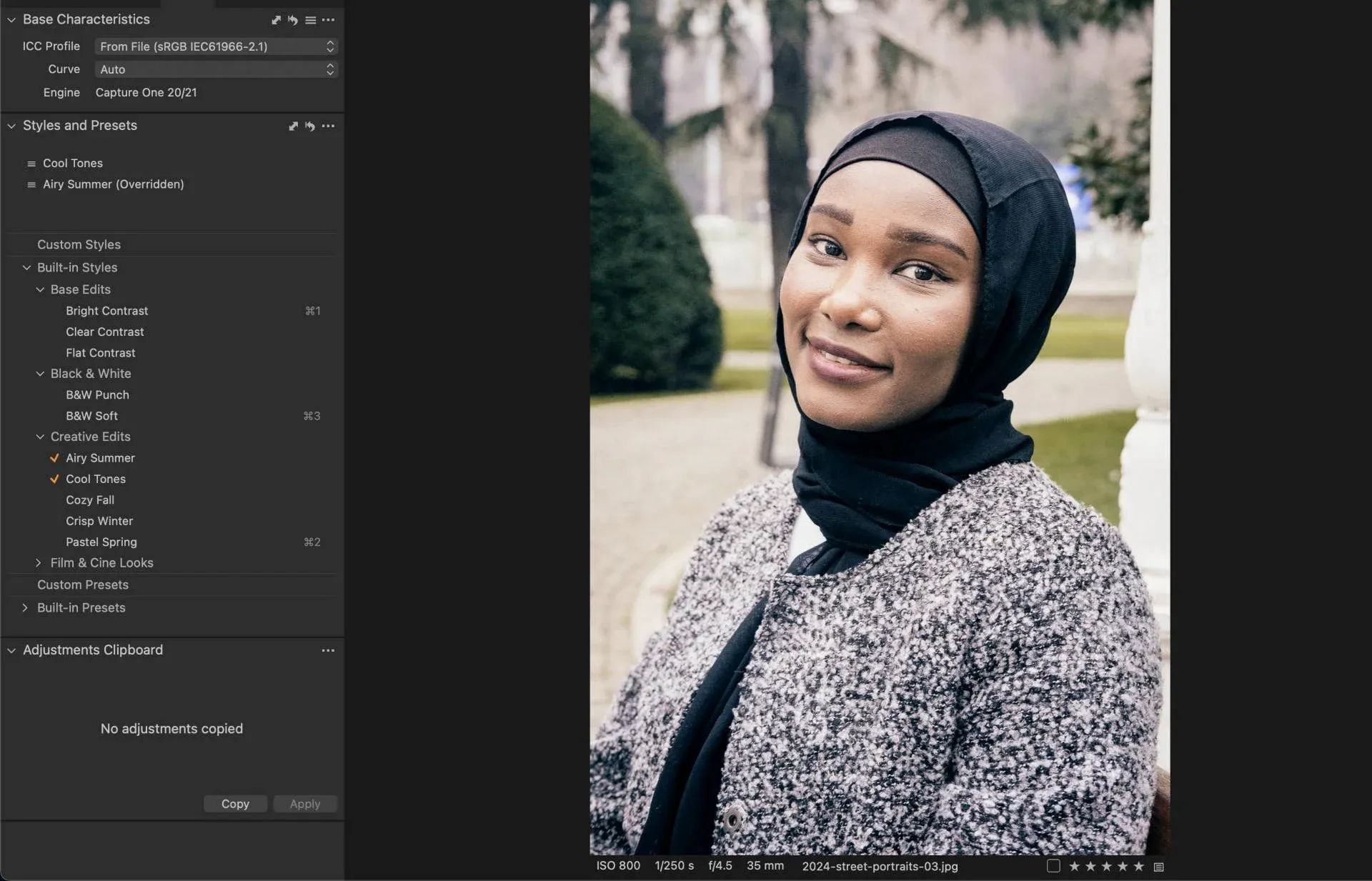 Screenshot von Capture One mit einer Auswahl an Presets und Stilen auf der rechten Seite