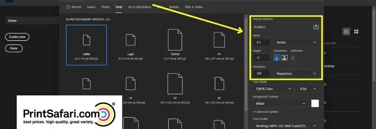 Screenshot von Photoshop, der die Dimensionen- und Auflösungseinstellungen anzeigt