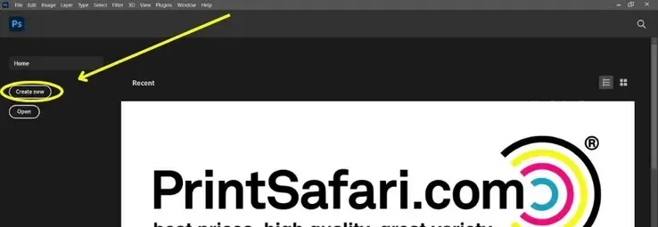 Screenshot von Photoshop mit einem Pfeil, der auf die neue Dokumenteneinrichtung zeigt