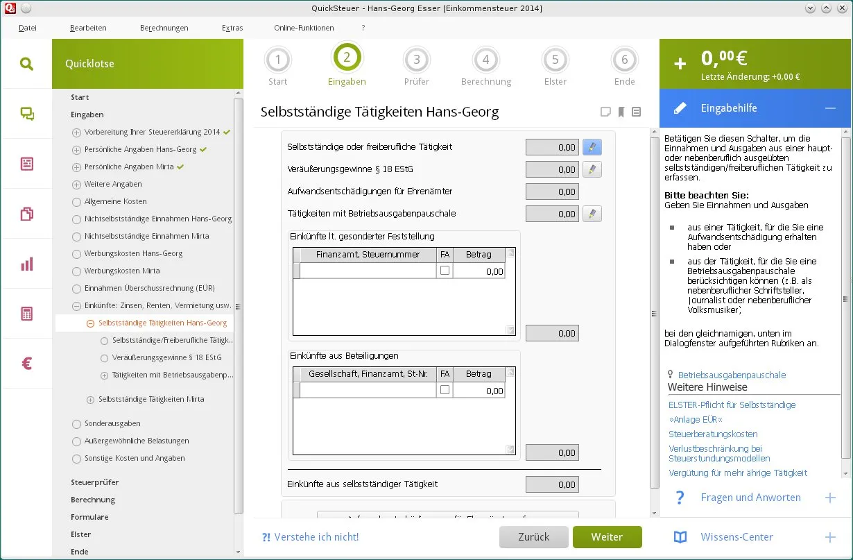 Screenshot von Quicksteuer 2015, das unter Wine auf Linux läuft