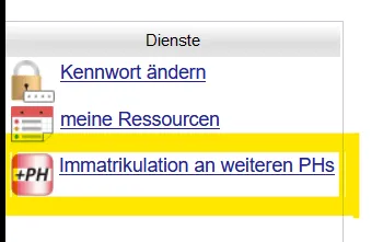 Screenshot zeigt die Option zur "Immatrikulation an weiteren PHs" in der Visitenkarte des PH-Online Systems