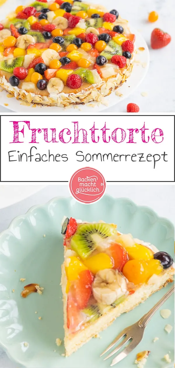 Serviertes Stück des bunten Obst Geburtstagskuchens auf einem Teller