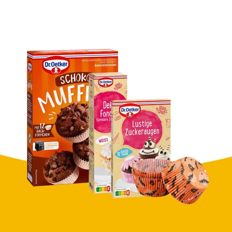 Set für Halloween Muffins mit einer Backmischung, Fondant, Zuckeraugen und Muffinförmchen