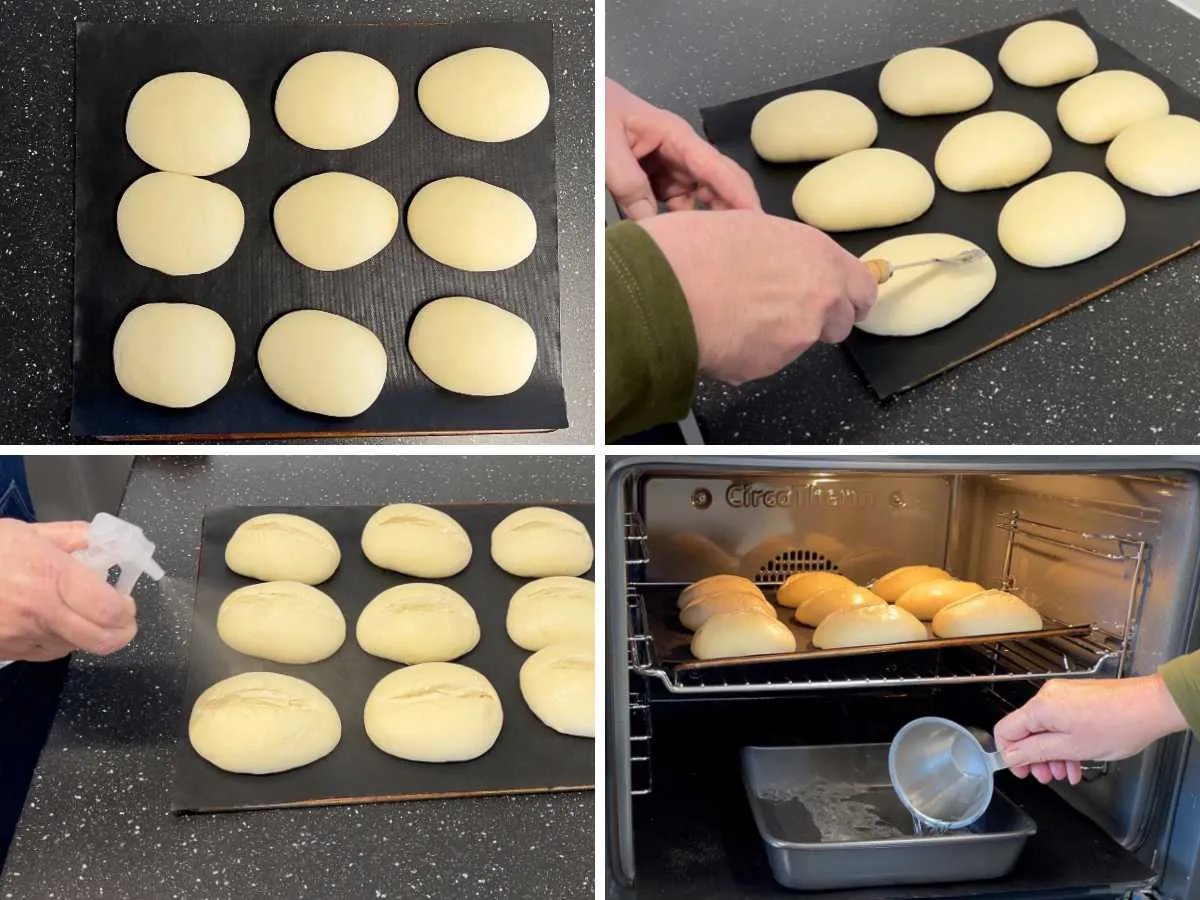 Shaped rolls being cut with a lame and sprayed with water before putting in the oven and water being added to the tin at the bottom of the oven.