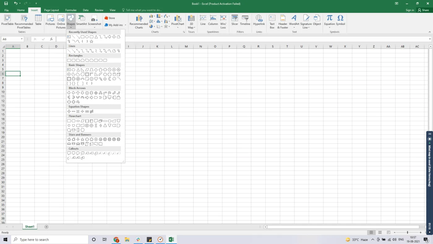 Shapes Menu in Excel Spreadsheet