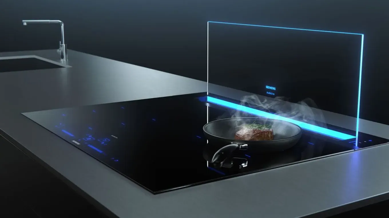 Siemens glassdraftAir Tischlüfter in Aktion, ausgefahren aus der Arbeitsplatte