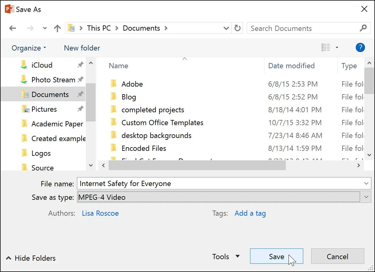 Speichern des Videos in PowerPoint 2016