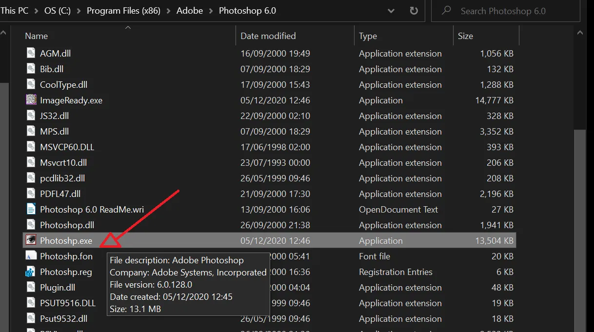 Speicherort der Photoshp.exe-Datei im Dateisystem