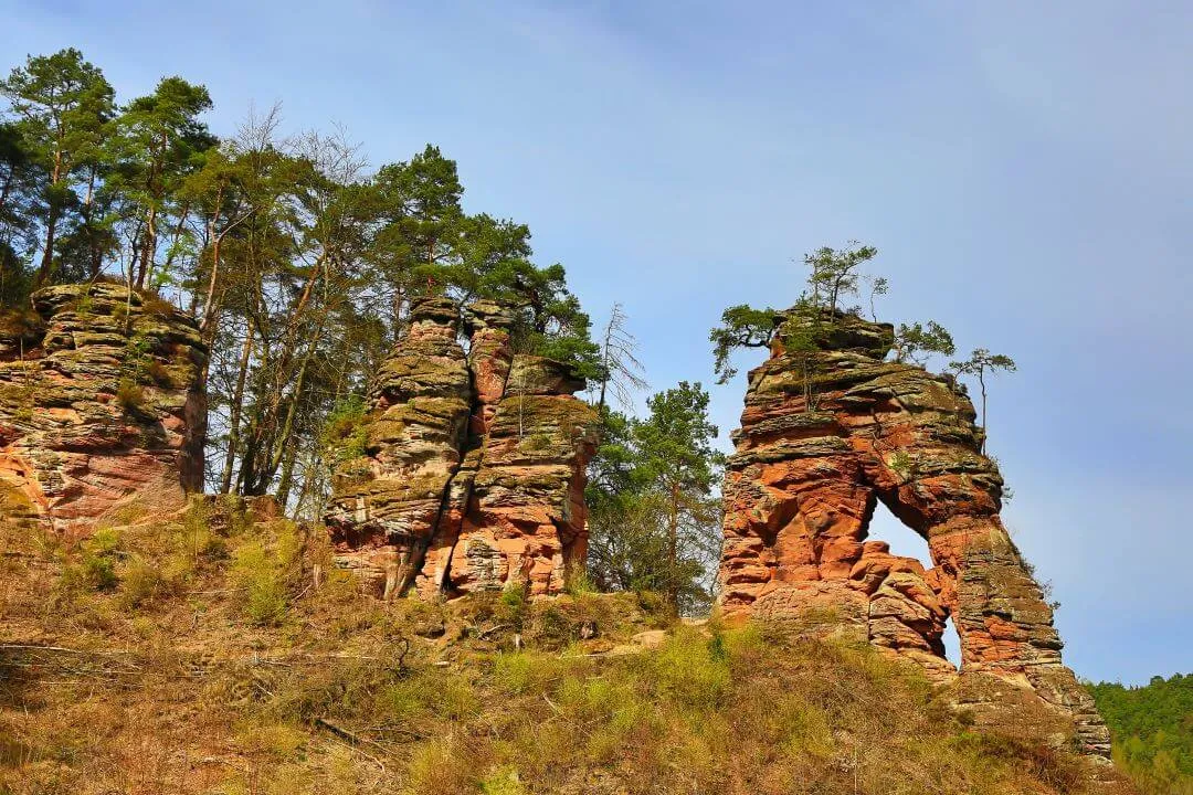 Spektakuläre Felsformationen im Dahner Felsenland, umgeben von Wald.